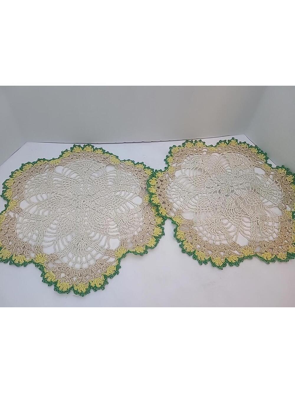 Crochet Handmade Set Of 2 Round Doilies 12" Mid Century Retro Yellow Green Gold